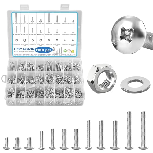 1100PCS Nuts and Bolts Assortment Kit, M3 M4 M5 M6 Phillips Head Machine Screws Assorted Set with Storage Case, Metric Bolts Nuts and Flat Washers Kit - color: Silver, size: 1100PCS-M3 M4 M5 M6