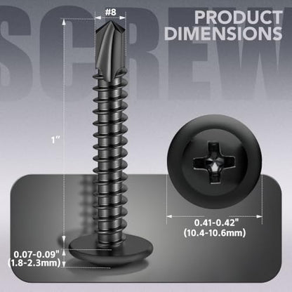 200 PCS #8 x 1 Sheet Metal Screws, Phillips Modified Truss Head Self Drilling Screws, Black Zinc-Plated, Self Tapping Screws for Metal, Wood, Plastic, Double-Ended Bit Included - color: Black, size: #8 x 1"