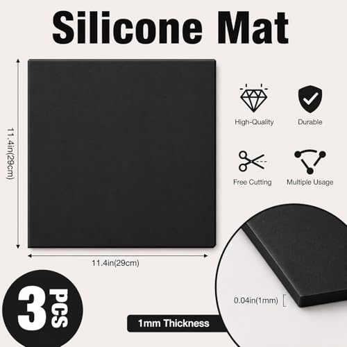 3 Pack Silicone Rubber Sheeting, 11.5" x 11.5" x 1/24" Thick, Flexible Heat Resistant Silicone Gasket Sheet, 60A Durometer for Seals, Pads, Insulation, DIY Craft Projects - color: Black