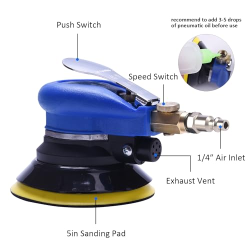 Air Random Obrital Sander 5" Dual Action Palm Sander, Hook and Loop Air Powered and Swirl Free. (5" da sander) - color: Blue, size: 5 inch dual action