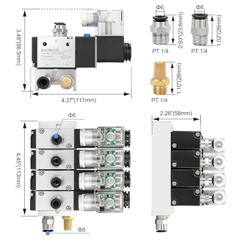 BAOMAIN 12V DC 3/2 Pneumatic Solenoid Valve 4 Station 3V210-08 Manifold Kit - size: 4-Station Valve Kit