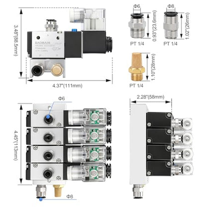 BAOMAIN 12V DC 3/2 Pneumatic Solenoid Valve 4 Station 3V210-08 Manifold Kit - size: 4-Station Valve Kit