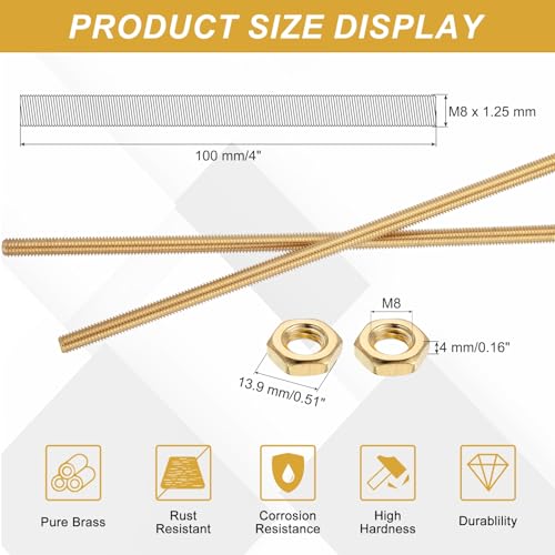 uxcell Brass Fully Threaded Rod, M8x1.25mm Pitch Right Hand Threads Studs with Solid Brass Hex Nuts, 100mm/4 Long Threaded Screw Rods Fasteners for Anchors Bolts Hangers Clamps - size: M8x1.25mmmm100mm