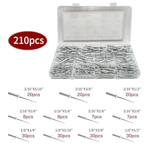 210Pcs Silver 3/16 Inches,1/8 Inches Pop Rivets Assortment Kit, 8 Sizes Aluminum Rivets,Aluminum blind rivets for metal Dome Head rivet kit - color: Silver, size: 3/16 Inches,1/8 Inches