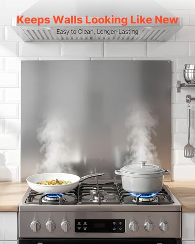 VEVOR 30" x 24" Stainless Steel Backsplash for Stove, Ultra Flat Splatter Guard, Wall Shield Range Hood Backsplash, Easy Clean Kitchen Wall Metal Panel, Pre-Drilled Holes for Easy Installation, Silver - size: 30x24in