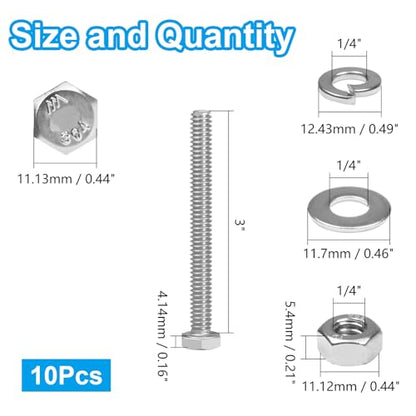 MroMax 10 Sets 1/4-20 x 3 Hex Head Screw Bolt, Nuts, Flat Washer & Spring Lock Washers Kits,Fully Threaded, Stainless Steel 18-8（304）, Bright Finish - size: 1/4-20 x 3" (10 Sets)