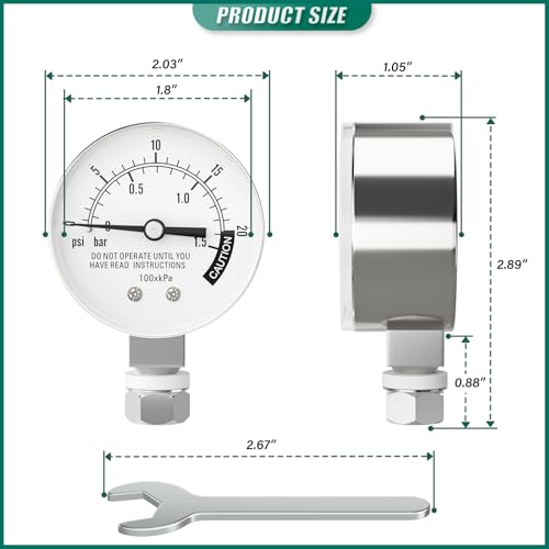 0-20PSI Stainless Steel Pressure Cooker Gauge, 2" Dial Size, 3/8" UNC Lower Mount, with Plastic Washer, Washer, Nut, 14mm Wrench, for UNC Steam, Pressure Tank - size: 3/8" UNC