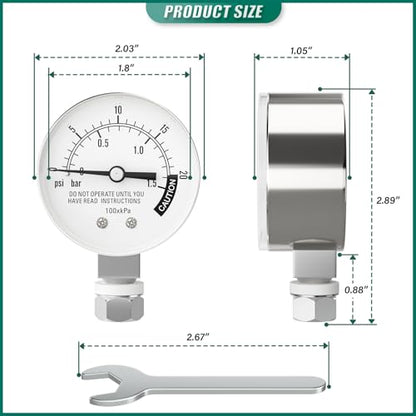 0-20PSI Stainless Steel Pressure Cooker Gauge, 2" Dial Size, 3/8" UNC Lower Mount, with Plastic Washer, Washer, Nut, 14mm Wrench, for UNC Steam, Pressure Tank - size: 3/8" UNC