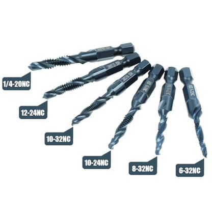 6 Pack Drill Tap Bit Set Black Nitride Coated SAE 6-32 to 1/4-20 NC Combo