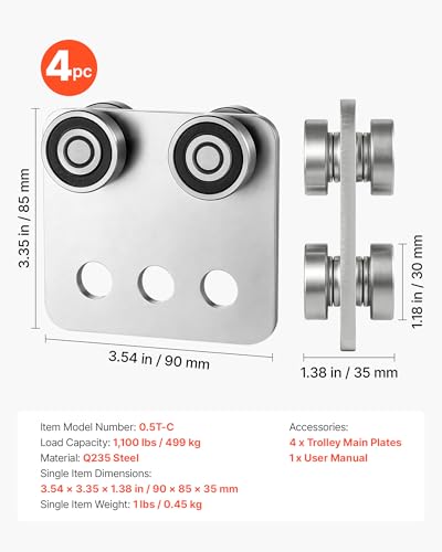 VEVOR 4 Wheel Trolley Assembly Rollers, 4 Pcs 1100 lbs Load, Dual Bearing Trolley Assembly for 1-5/8" Wide and All 1-5/8" or Taller Strut Channel, Heavy Duty Sliding Track System for Warehouse Garage