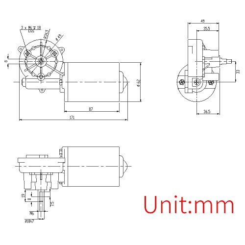 High Torque PMDC Right Angle Gear Motor 12V Reversible 50 RPM (Right Gear-Box) with Threaded Shaft - size: 12V, style: Right-Threaded Shaft