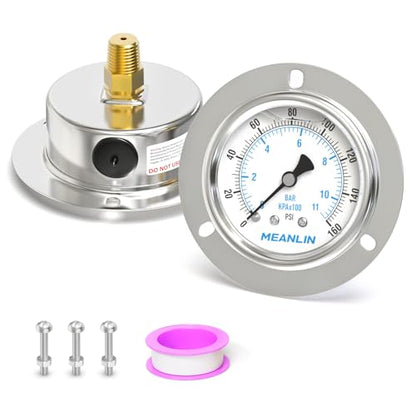 MEANLIN MEASURE 0~160Psi Liquid Filled Pressure Gauge Front Flange Panel Mount, 1/4" NPT 2.5" FACE DIAL Stainless Steel Case with Phillips Screw and Nut, +/-3-2-3% - size: 0-160Psi