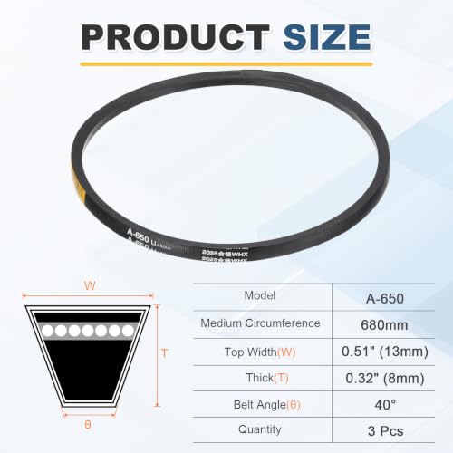 uxcell 3Pcs A650 Rubber V-Belt, 650mm Li x 13mm W x 8mm T, Classic Wrapped - size: A650