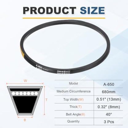 uxcell 3Pcs A650 Rubber V-Belt, 650mm Li x 13mm W x 8mm T, Classic Wrapped - size: A650