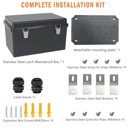 Electrical Junction Box, IP67 Waterproof Outdoor Box ABS Plastic Enclosure with Stainless Steel Latches & Brackets, Hinge Black Cover Project Box with Mounting Plate Outer size11.8"x7.9"x6.7" - color: Black, size: 11.8"x7.9"x6.7"