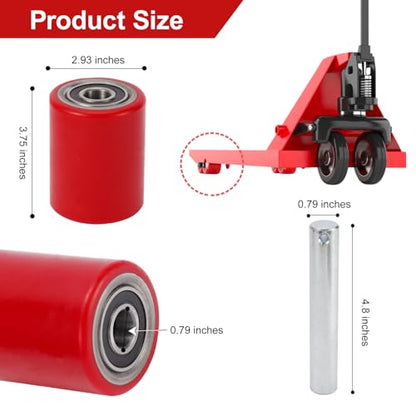 Two Packs of Pallet Jack/Truck Wheels 3” x 3.75” PU Poly Tread, 20mm ID Bearings, Full Set with Axles, Pins and Entry Exit Roller - color: Red