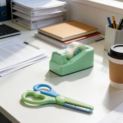 XEUZK Desktop Tape Dispenser Kits with Weighted Nonskid Base Tape Dispenser- Includes 9 Rolls of Transparent Tape(0.71 Inch x 500 inches Each) & Blue Scissors, 2 Pcs Tweezers (Green) - color: Green