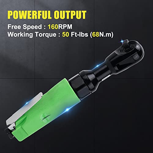 Dotool 3/8" Air Ratchet Wrench 50 ft-lbs Max Torque Output Professional Pneumatic Aluminum 160 RPM Comfort Grip, Lightweight, Compact, Forward/Reverse Control - color: Bright Green