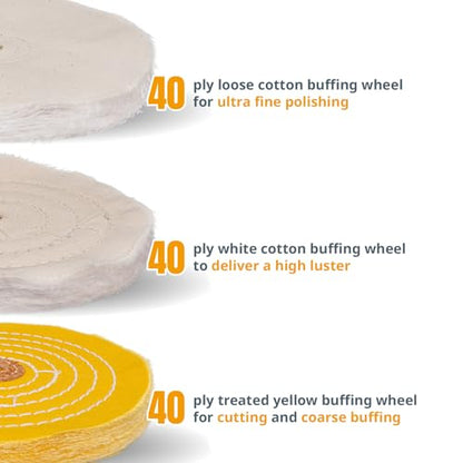 POWERTEC 6 Inch Buffing & Polishing Wheels (40 Ply) w/Buffing Polishing Compounds Kit, Extra Thick Buffer Wheels w/ 1/2" Arbor Hole for Bench Buffer Polisher and Bench Grinder (71631) - size: 6 inch, 6 pack
