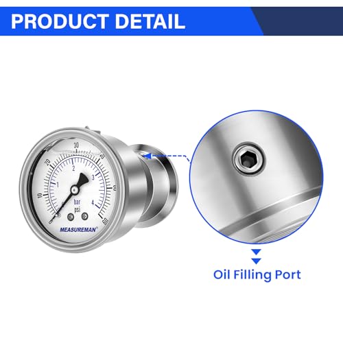 MEASUREMAN 2.5" Stainless Steel Sanitary Pressure Gauge, 0-60 PSI/bar (Dual Scale), Glycerin Filled, Back Mount with 1.5" Tri-Clamp Diaphragm Seal for Food/Beverage/Bio Pharma - size: 2.5",0-60 psi/bar, style: Back Mount