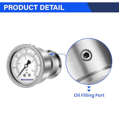 MEASUREMAN 2.5" Stainless Steel Sanitary Pressure Gauge, 0-60 PSI/bar (Dual Scale), Glycerin Filled, Back Mount with 1.5" Tri-Clamp Diaphragm Seal for Food/Beverage/Bio Pharma - size: 2.5",0-60 psi/bar, style: Back Mount