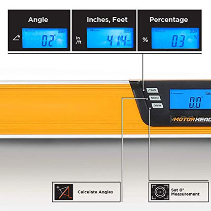 MOTORHEAD 48-Inch 0°-360° SMART DIGITAL Level, LCD Screen, Audible Alerts, Water, Dust & Shock Resistant, Magnetic Bottom, Includes Bag, High-Visibility, Solid-Milled Aluminum, USA-Based Support - size: 48"