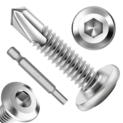 100Pcs 10 x 1 Sheet Metal Screws, Stainless Steel Flat Head Socket Cap Self Drilling Screw, Allen Socket Drive, Self Tapping Screws with Drill Bit - color: Silver, size: #10 x 1"