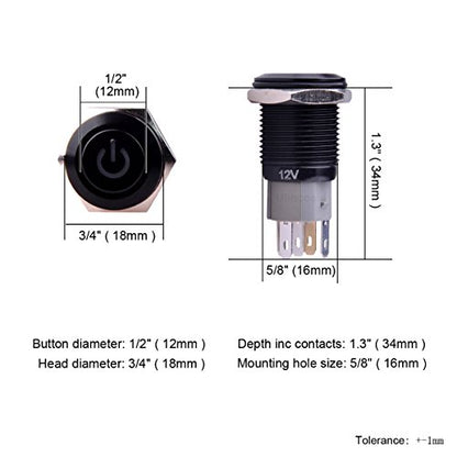 Latching Push Button Switch U16F5 1NO1NC SPDT ON/Off Black Shell with Green Power Symbol LED Suitable for 16mm 5/8" Mounting Hole (Green) - color: Green
