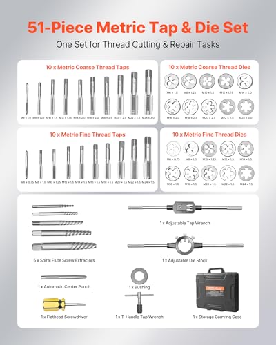 VEVOR Tap and Die Set, 51-Piece Metric Sizes M6 to M24, with Coarse and Fine Thread Taps and Dies, Wrench, Carrying Case and Complete Accessories, Bearing Steel, for Threading and Rethreading Threads - size: Large-51pcs-Metric