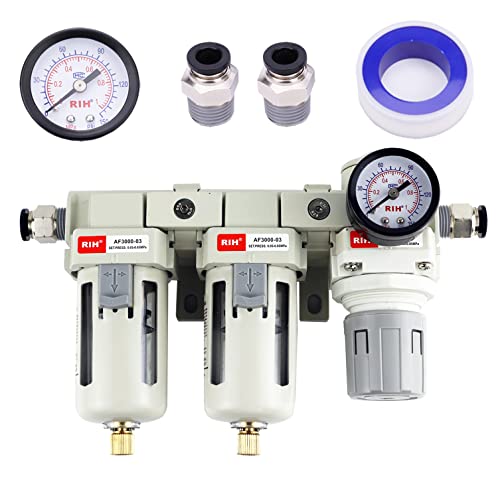 RIH Pneumatics DFR-03 3/8'' NPT Compressed Air Double Filter & Regulator, Air Drying System, Air Compressor Water Separator, Semi -Auto Drain, Poly Bowl,0-150 psi Gauge, 5 Micron Brass Element - size: 3/8 NPT