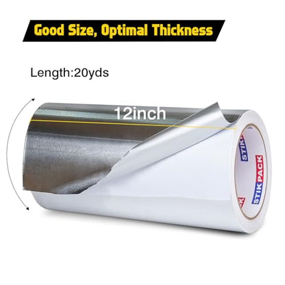 Aluminum Foil Tape 12 inch x 60ft (20 Yards) Heavy Duty HVAC Duct Tape for Ductwork – High Temperature Silver Foil Tape for Insulation, Metal Repair, Exhaust Sealing & Patching - size: 12 Inches x 20 Yards
