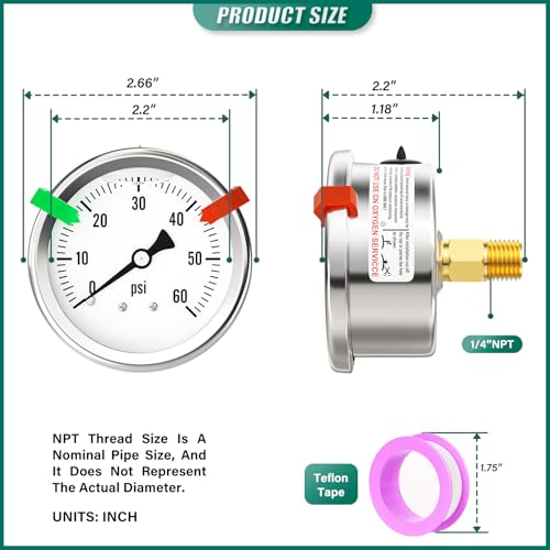0-60PSI Stainless Steel Liquid Filled Pressure Gauge, 2.5" Single Scale Face Dial, 1/4" NPT Back Mount, for Tube, Water Pump, Gas, Liquid, Pressure Test (with Range Mark Pointer) - size: 0-60 psi