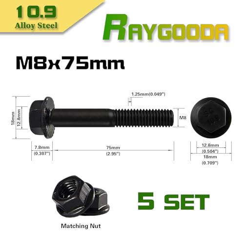 M8-1.25x75mm Flange Bolt and Nut Kit 5set- Grade 10.9 Alloy Steel, Black Zinc,Partially Thread, Serrated Self-Locking, Vibration Resistant for Automotive, Machinery & Heavy Duty - size: M8x75mm(5 Sets）