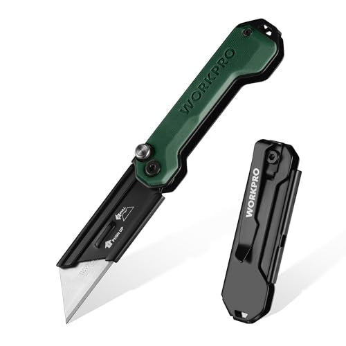 WORKPRO EDC Folding Utility Knife, Mini Box Cutter with Quick Open Axis Lock, Quick Change Blade Razor Knife, Foldable Small Pocket Knife with Belt Clip - color: Green-g10