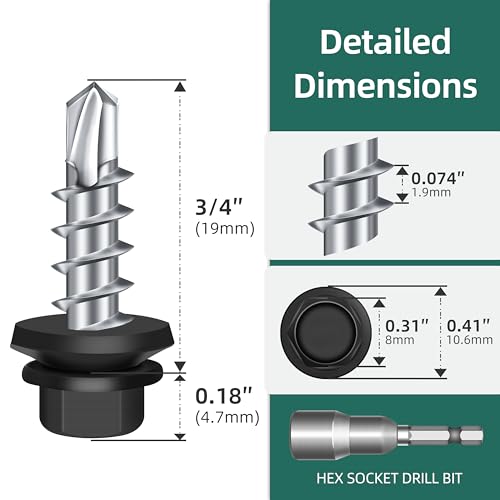 100-pack #10 x 3/4 Hex Head Self-Drilling Metal Roofing Screws with EPDM Washer, Black Coated Wood Screws, Self Tapping Sheet Metal Roof Screws (Diamond Point) - color: Black, size: #10 x 3/4"