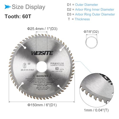 Circular Saw Blade, 6" Outer Dia 60 Teeth 1" Arbor, Wood Tungsten Carbide Tipped () Slitting Saw - (Applications: for Wood Cutting) - size: 150mm x 60T