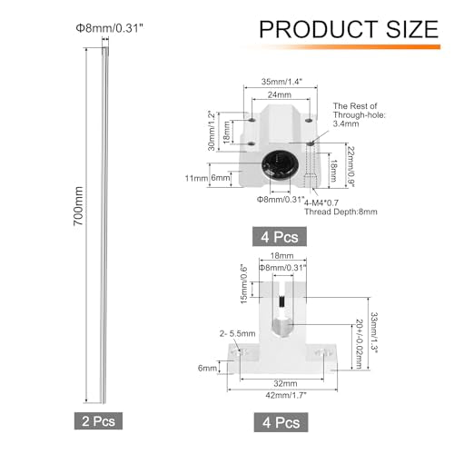 uxcell 2 Pcs 8mm x 700mm Linear Motion Rail Shaft Slide Guide with 4 Pcs SCS8UU Bearings and 4 Pcs SK8 Rail Support Linear Motion Rod Shaft Guide Set for CNC Machine 3D Printer, Silver - size: 700mm