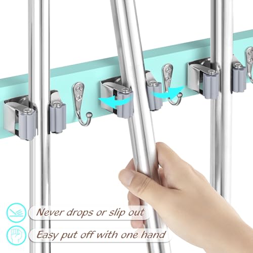 OUTNILI Turquoise Mop Broom Holder Wall Mount with 4 Slots & 4 Hooks - Wood Broom Mop Hanger for Pantry Closet Laundry Room Organization - for Teal Kitchen Decor and Accessories - color: Turquoise-4 Grips, size: 1 Pack