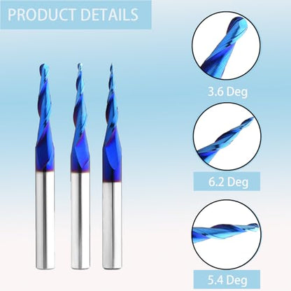 1/8" 1/16" 1/32" Shank Upcut Tapered Ball Nose CNC Bits Set 3 Packs - size: 1/32" 1/16" 1/8"Tip Diameter