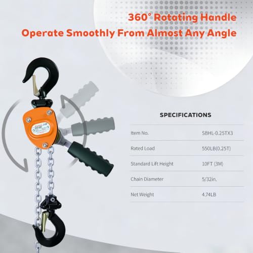 Lever Chain Hoist, G80 Load Chain, 10 ft Lift, 550 lb (1/4 Ton) - size: 550 lb (0.25 MT)