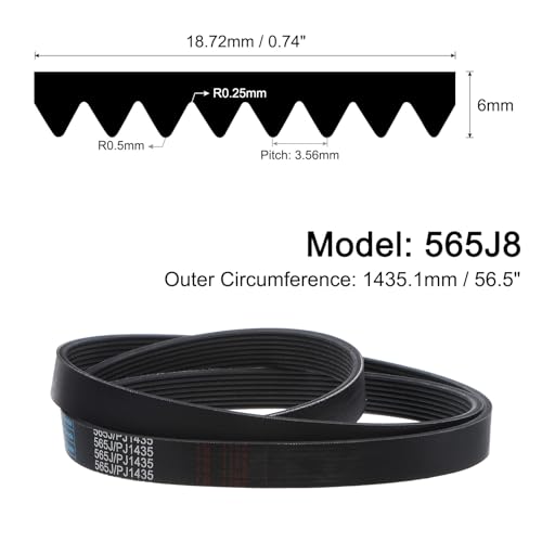 uxcell 565J8 PJ V-Ribbed Belt 8 Ribs 56.5" Length x 0.74" Width x 0.14" Thick, EPDM Poly V Belt, Industrial Transmission Serpentine Belt - size: 565J8