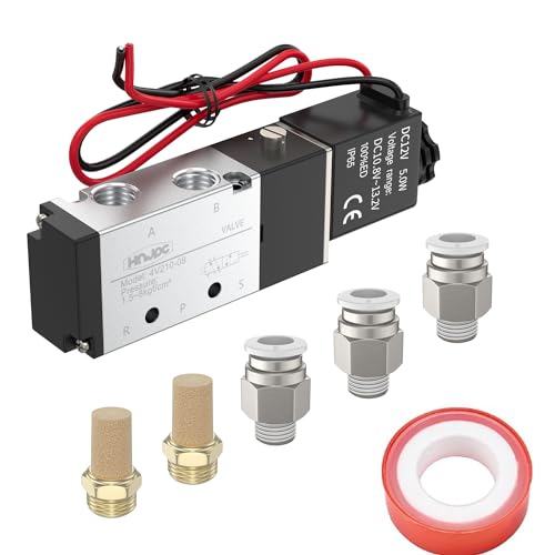 4V210-08 5/2 Way Pneumatic Solenoid Valve, 12V DC Single Solenoid Pilot Operated, Electric Air Control Valve for Air Cylinders, Automation (4V210-08 DC12V/Out of line) - color: Out of line/DC12V