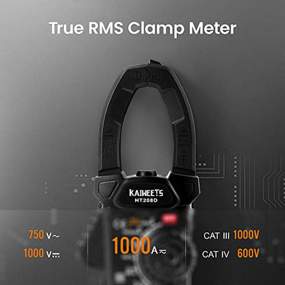 KAIWEETS HT208D Inrush Clamp Meter 1000A True RMS AC/DC Current Amp Meter and KAIWEETS KET20 Silicone Multimeter Test Leads with Gold-Plated Probes