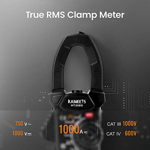 KAIWEETS HT208D Inrush Clamp Meter 1000A True RMS AC/DC Current Amp Meter and KAIWEETS KET20 Silicone Multimeter Test Leads with Gold-Plated Probes