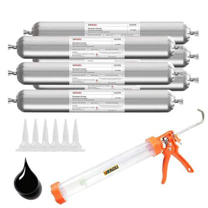 VGS998 Sausage Pack Silicone Sealant for Stone Curtain Wall 6 Pack –19.95 Fl Oz – Black Concrete Crack Repair, Non-Sag Silicone Caulk for Foundation, Walls, Sausage - style: 6 Pack WIth Caulking Gun
