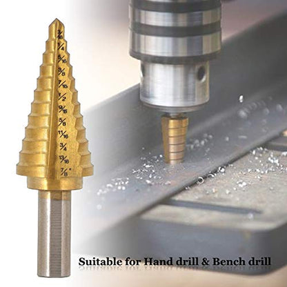 Saiper Titanium Step Drill Bit 3/16" to 7/8" (12 Step Sizes) HSS 4241 Triangle Handle Step Drill Bits Drill Holes for Plastic, Aluminum, PV Plate (Pack of 2) - size: 3/16" to 7/8" (12 Step Sizes) (Pack of 2)