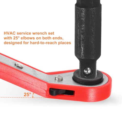 HARFINGTON 4pcs HVAC Service Wrench Set 1/4" 5/16" 3/16" 3/8" 25° 16-Teeth Air Conditioner Valve Reversible Ratchet Wrench with Hexagon Bit Adapter for Refrigeration Equipment Repair, 2 Color - color: Silver Red