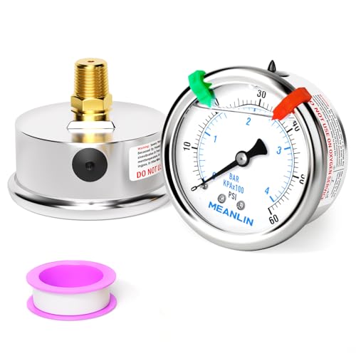 MEANLIN MEASURE 0~60Psi Liquid Filled Pressure Gauge 1/4" NPT 2.5" FACE DIAL Stainless Steel Glycerin Filled WOG Water Oil Air Back Mount (with 2PCS Snaps) - size: 0-60Psi
