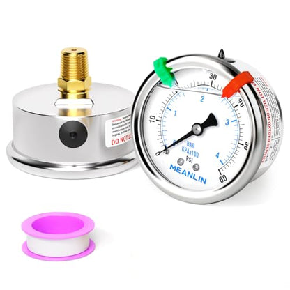 MEANLIN MEASURE 0~60Psi Liquid Filled Pressure Gauge 1/4" NPT 2.5" FACE DIAL Stainless Steel Glycerin Filled WOG Water Oil Air Back Mount (with 2PCS Snaps) - size: 0-60Psi