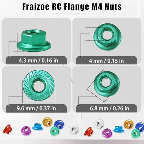 Flange M4 Lock Nuts Aluminum Alloy Serrated Nylon Self-Tightening M4 Wheel Hardware for Traxxas Redcat Arrma Axial HPI TLR ECX Model RC Car Crawler Truck Buggy Upgraded Parts, 4 Pcs - color: Green, size: 4Pcs